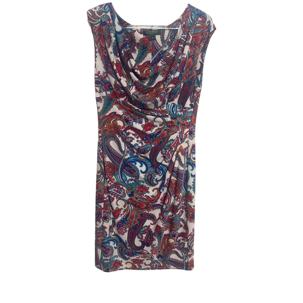 Lauren Ralph Lauren Sleeveless Paisley Jersey Sheath Cowl Neck Dress Size 12